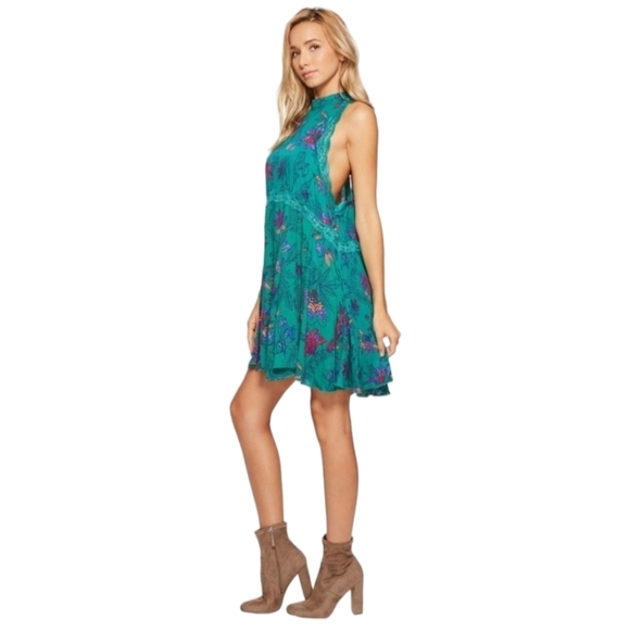 Free People Womens Teal Tropical Floral Chemise Slip Dress Size S.P - Picture 1 of 11